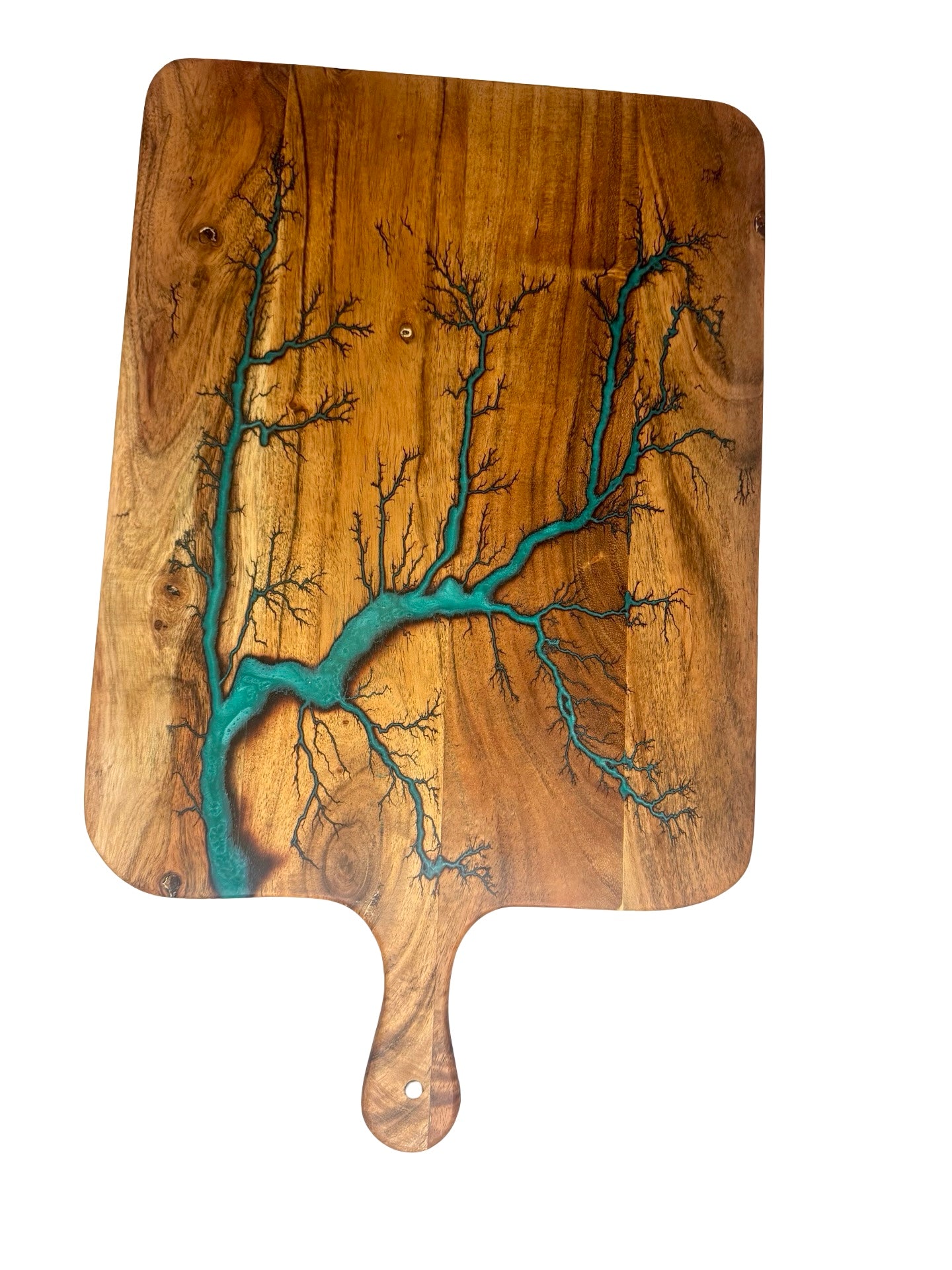 Large acacia charcuterie board with emerald green resin and lightning fractal burn artwork, premium serving board Australia, Fractal Flow Designs