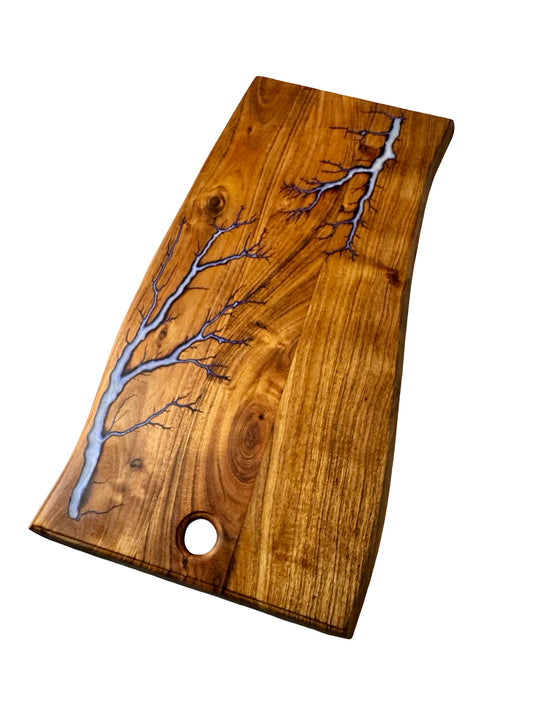 Natural timber live edge serving board with iridescent blue resin art and lightning fractal burn design, premium resin boards Australia, Fractal Flow Designs
