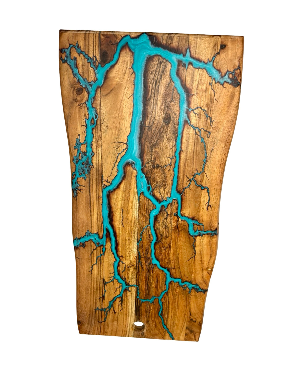 Handcrafted live edge serving board featuring lagoon blue resin flowing through fractal burned timber grain, East Gippsland Australia, Fractal Flow Designs