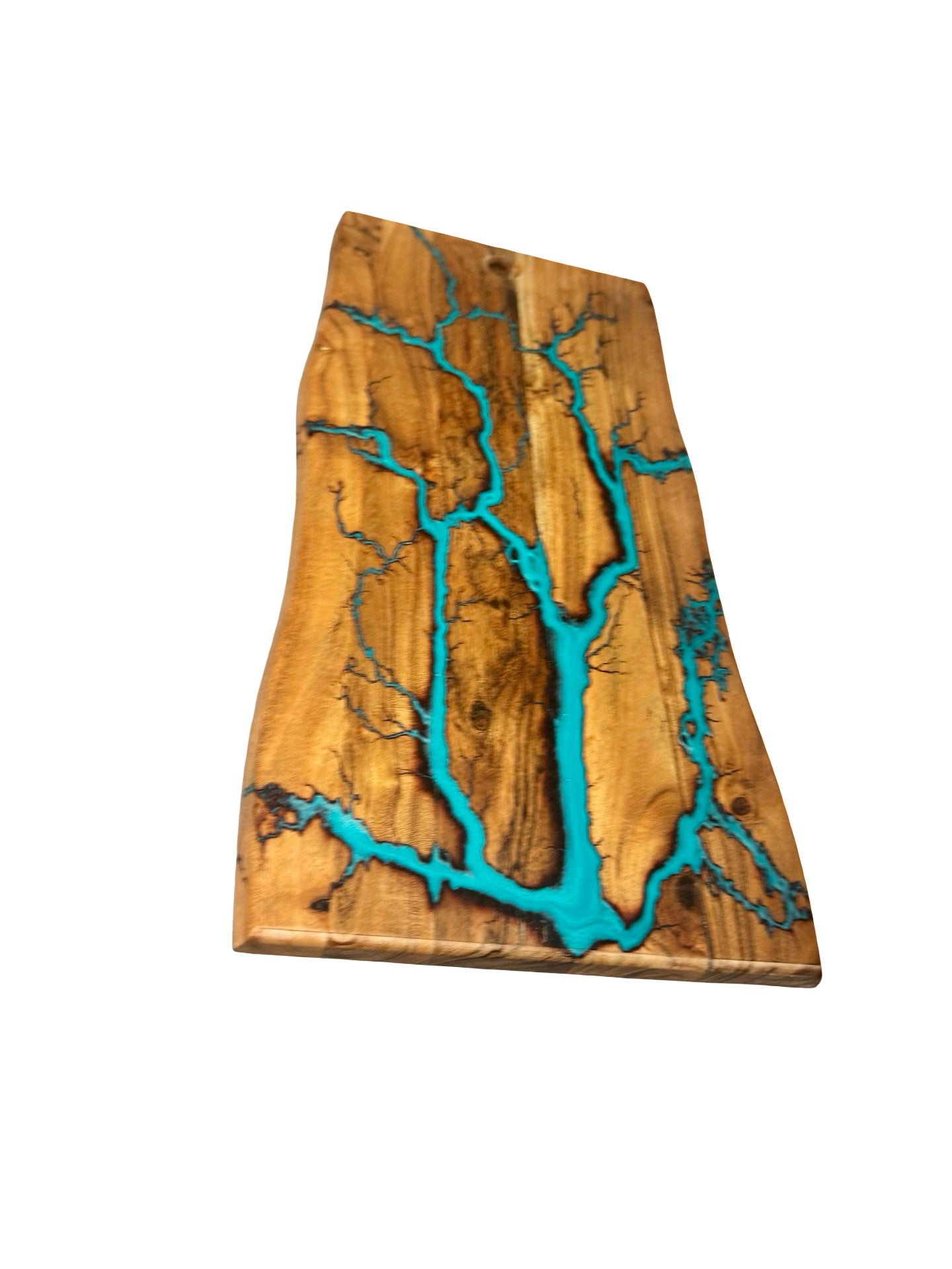 Premium live edge grazing board with lagoon blue resin inlay and lightning fractal burn design across natural timber, Fractal Flow Designs