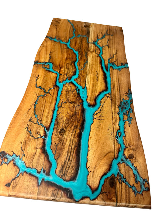 Lagoon blue resin live edge serving board crafted from natural timber with fractal lightning burn artwork, handcrafted charcuterie board East Gippsland Australia, Fractal Flow Designs