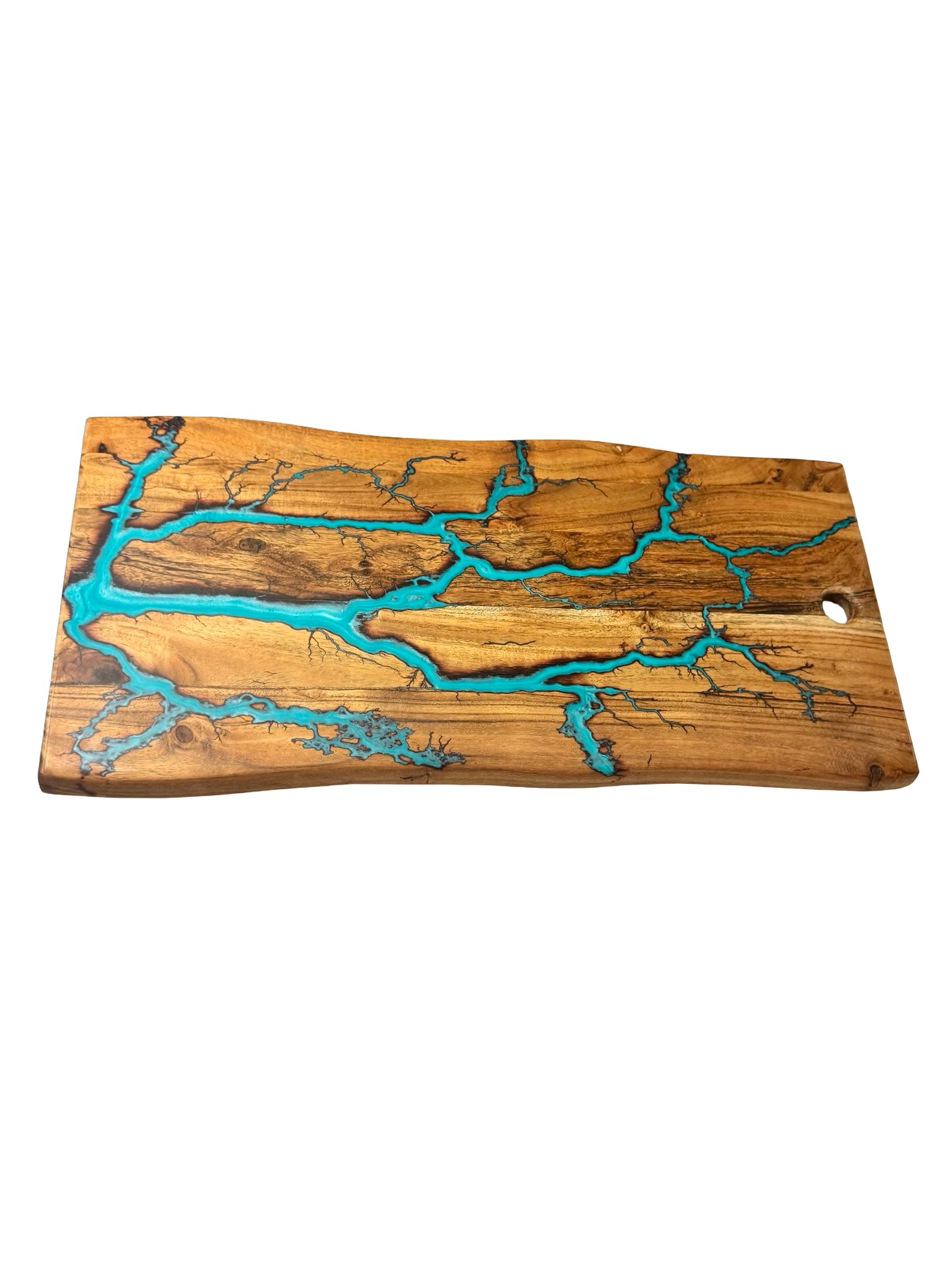 Live edge timber charcuterie board with lagoon blue resin river and organic fractal burning pattern, artisan resin boards Australia, Fractal Flow Designs
