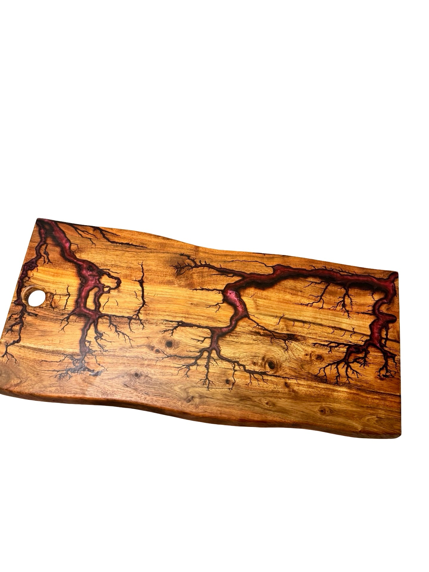 Live edge timber charcuterie board featuring bold red resin river and organic fractal burning pattern, artisan resin boards Australia, Fractal Flow Designs