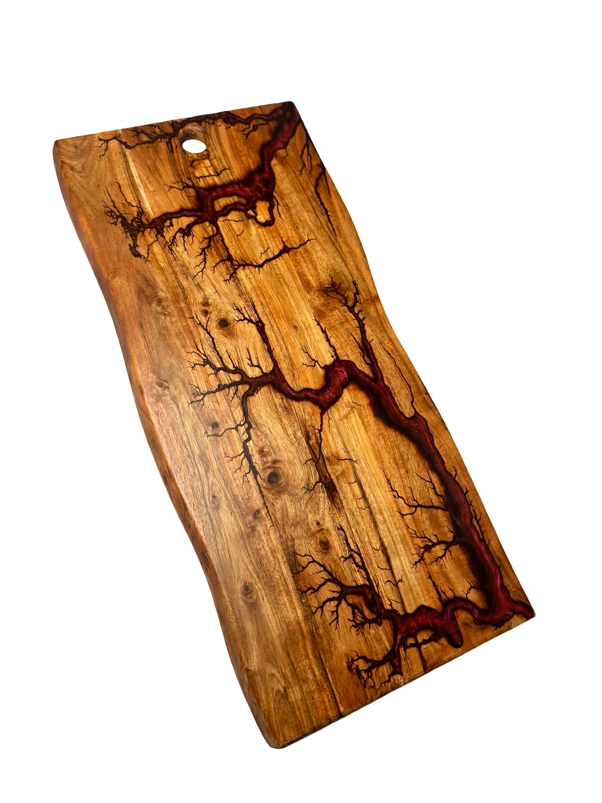 Handcrafted live edge grazing board with deep red resin flowing through fractal burned timber grain, East Gippsland Australia, Fractal Flow Designs