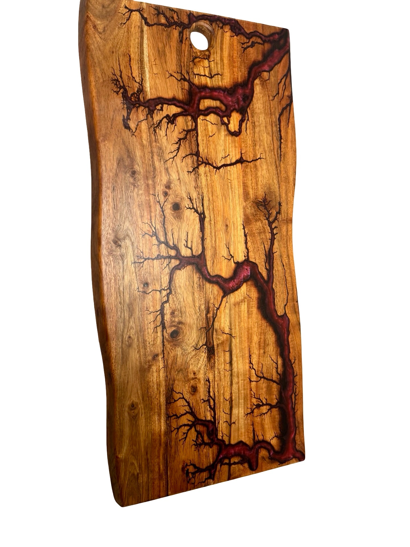 Premium live edge serving board with vibrant red resin inlay and lightning fractal burn design across natural timber, Fractal Flow Designs