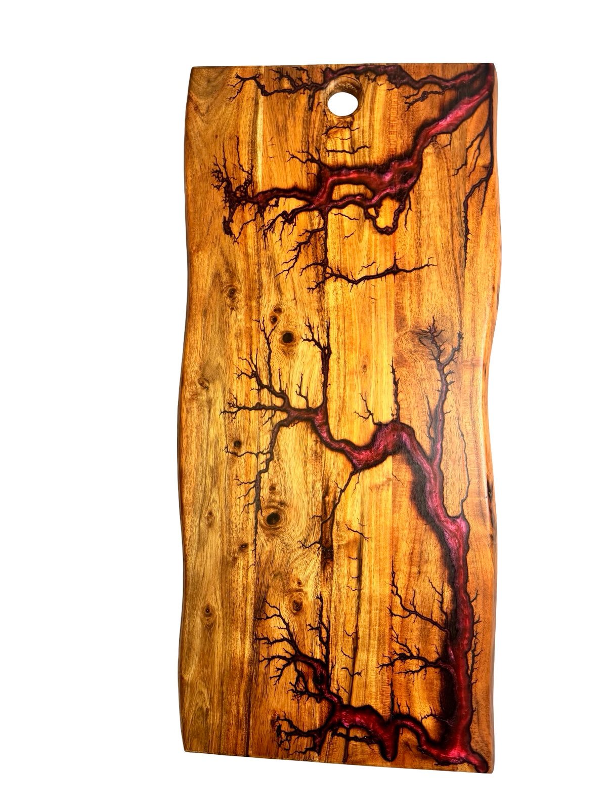 Red resin live edge serving board crafted from natural timber with fractal lightning burn artwork, handmade charcuterie board East Gippsland Australia, Fractal Flow Designs
