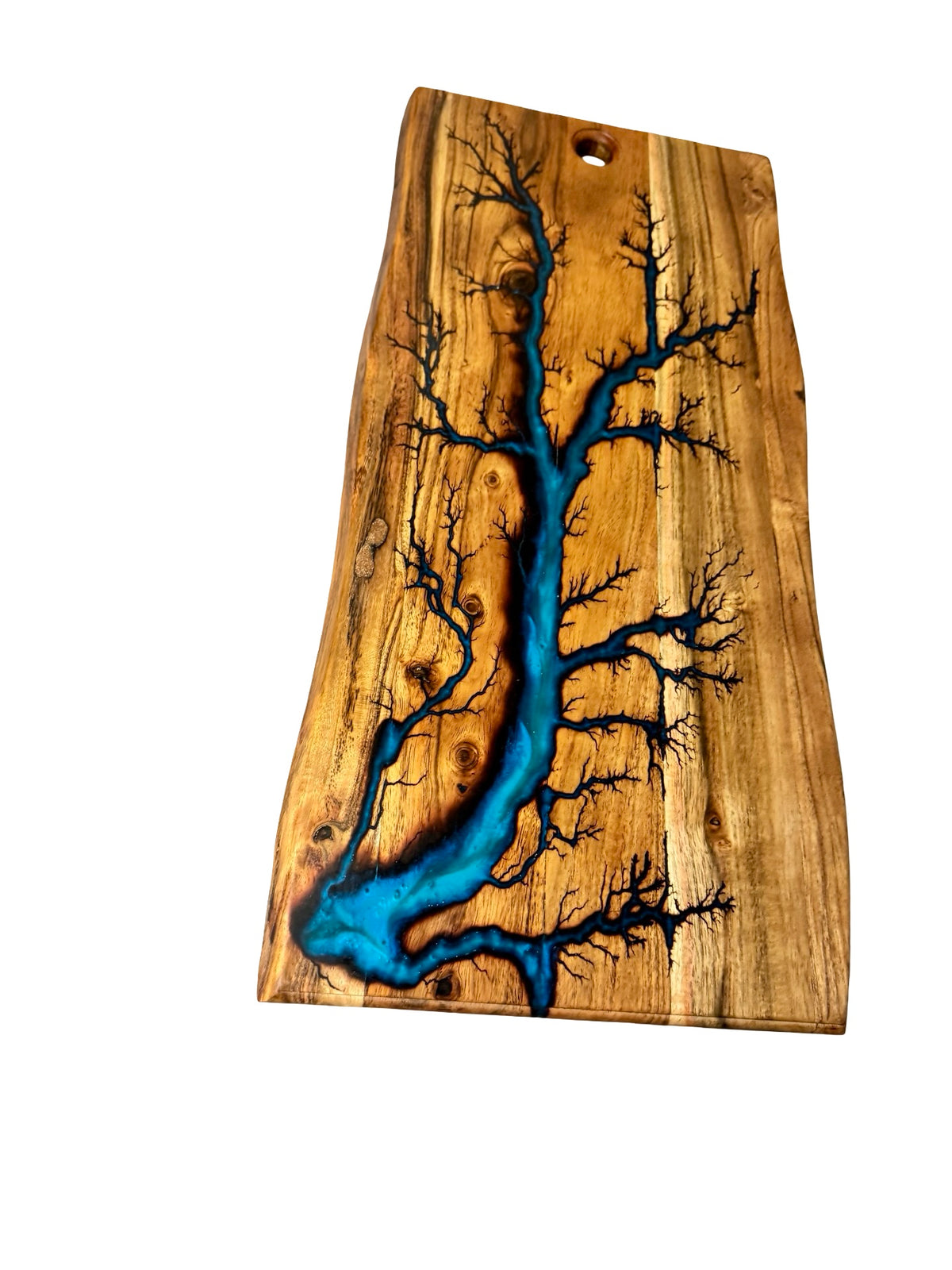 Rustic live edge charcuterie board crafted from timber with turquoise resin and fractal lightning burn artwork, East Gippsland handmade, Fractal Flow Designs