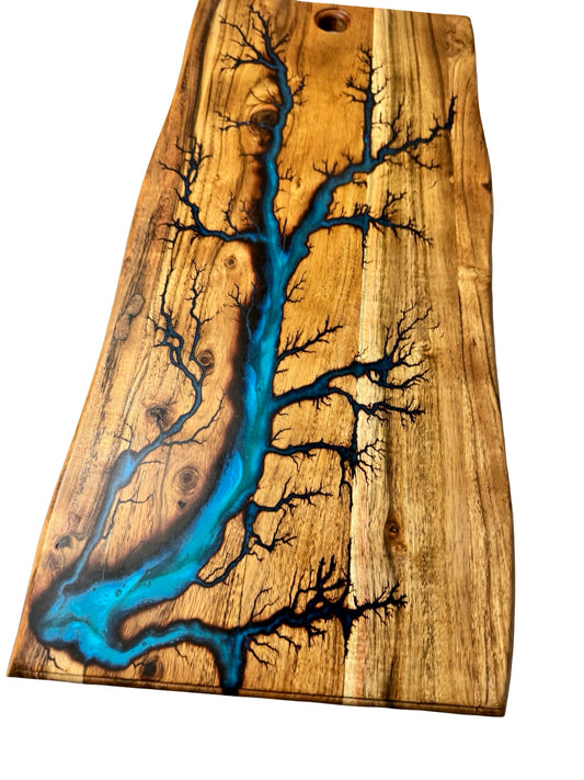 Live edge timber charcuterie board featuring turquoise resin river and organic fractal burning pattern, artisan resin boards Australia, Fractal Flow Designs