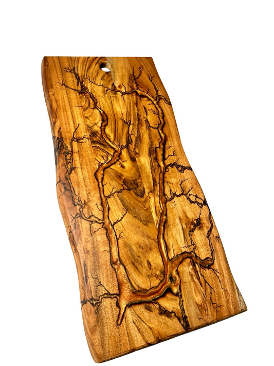 Premium live edge serving board with shimmering copper resin inlay and lightning fractal burn design across natural timber, Fractal Flow Designs