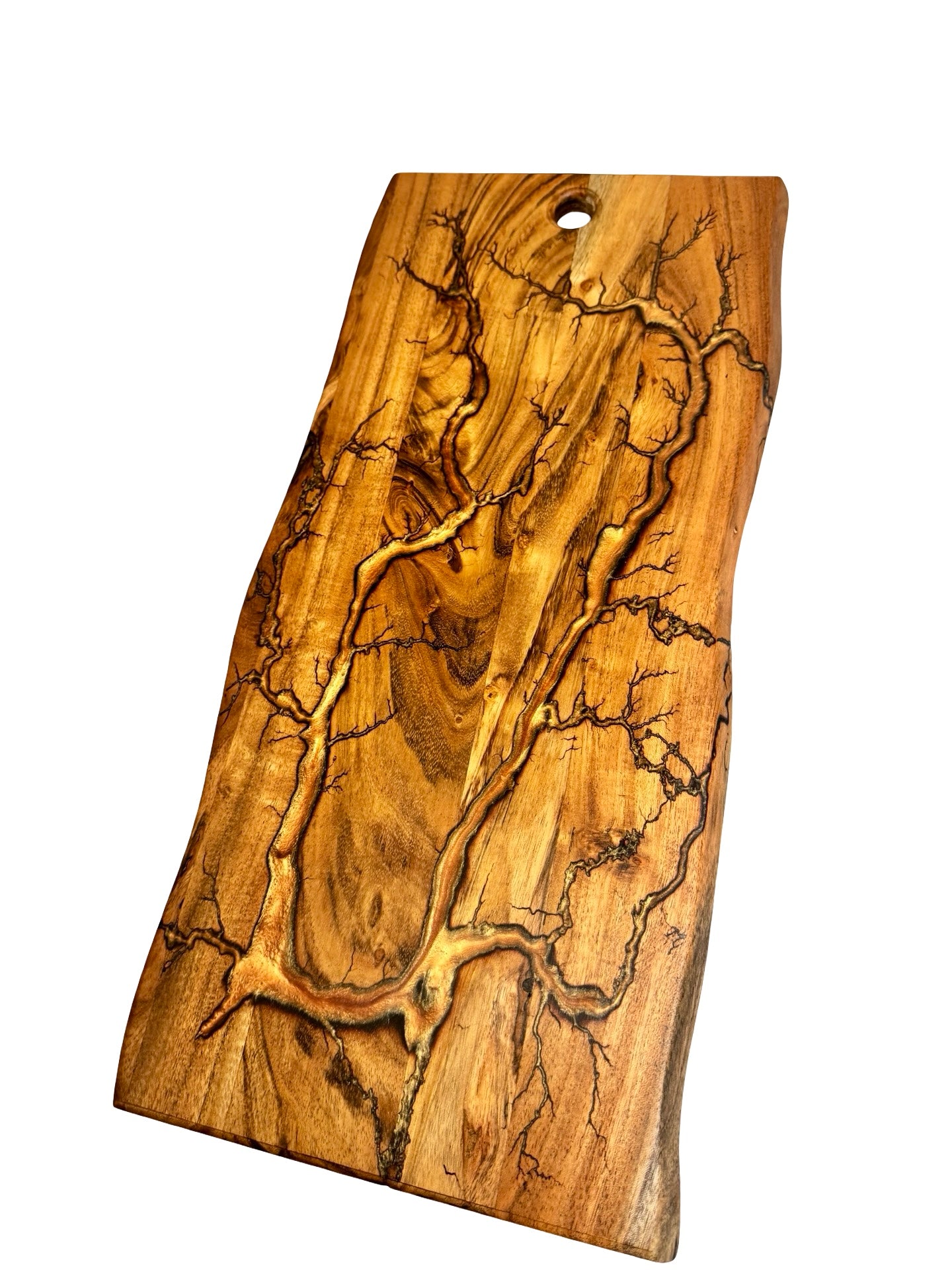 copper coloured resin inlayed after a fractal burn process on an acacia live edge board , large in size and made in Australia by fractal flow designs