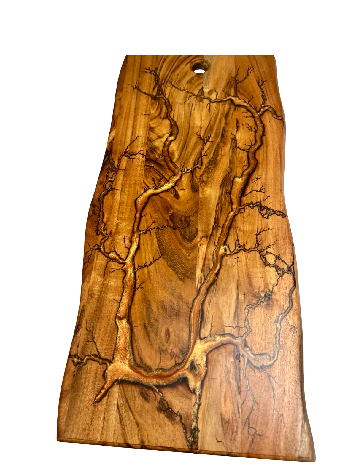 Rustic live edge charcuterie board crafted from natural timber with copper resin and fractal lightning burn artwork, East Gippsland handmade, Fractal Flow Designs