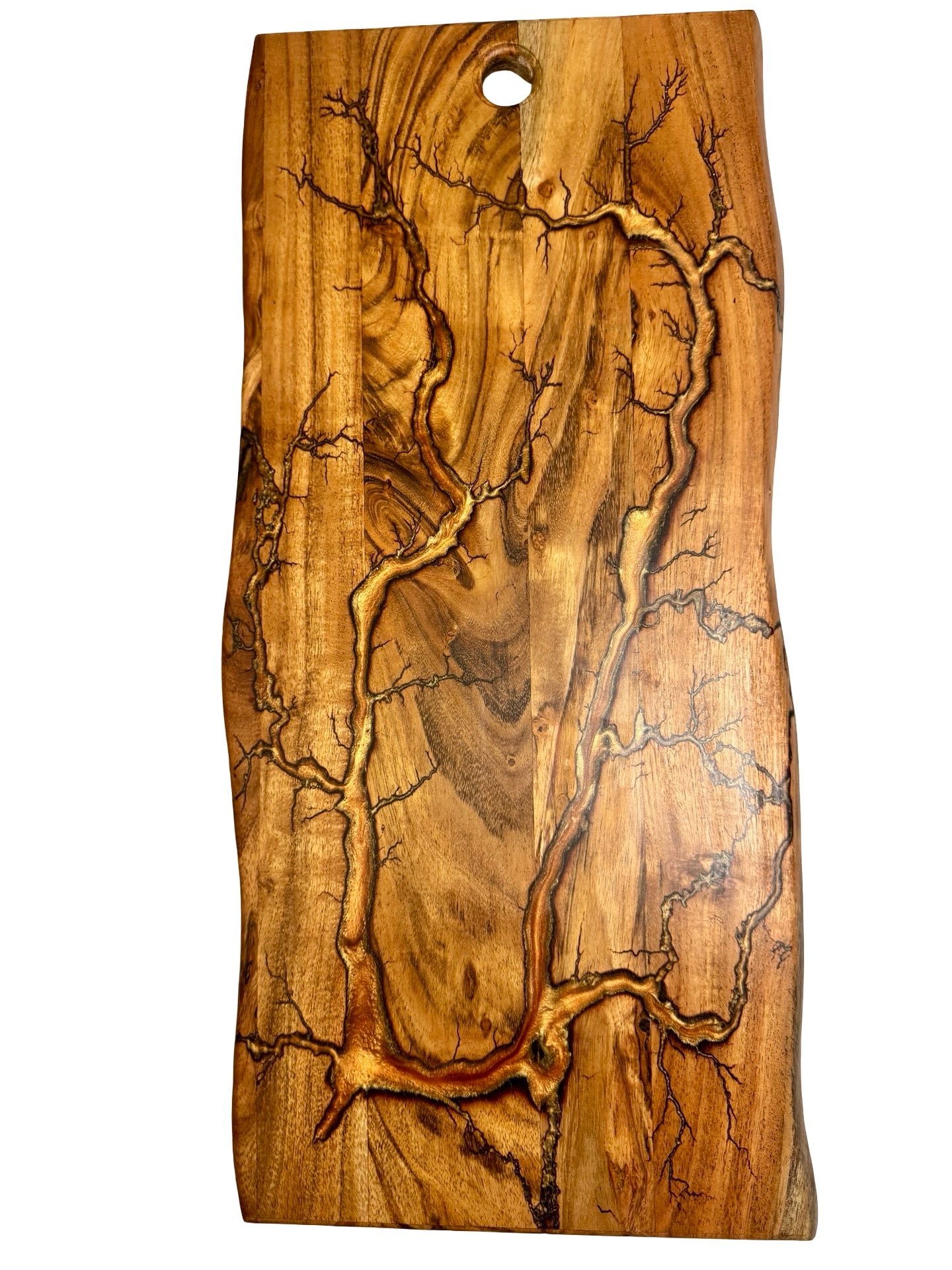 Australian handmade live edge platter with copper resin art and natural fractal burning detail through timber grain, artisan serving board Australia, Fractal Flow Designs