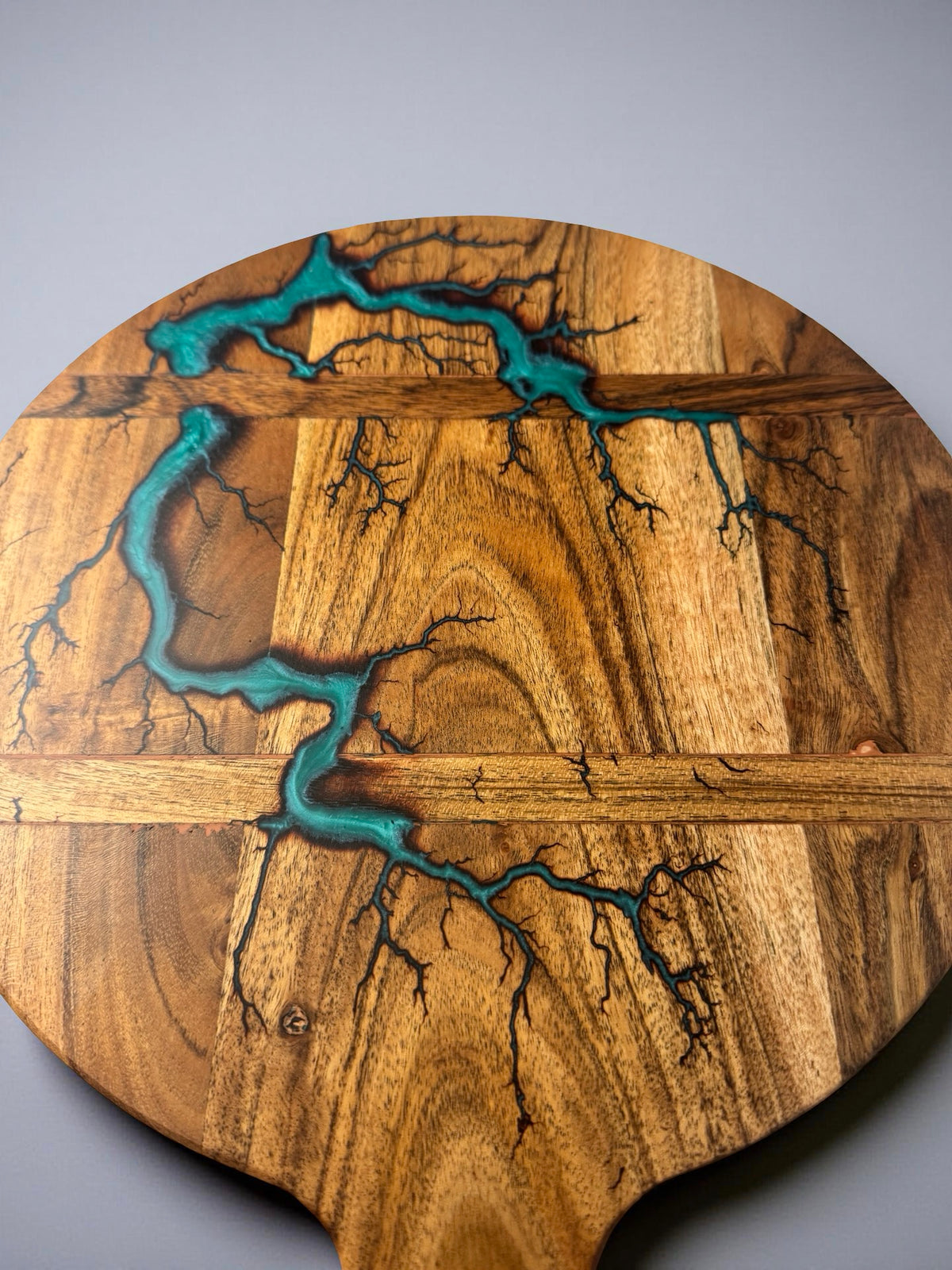 Marine green resin cheese board with fractal burning lightning pattern on acacia timber, handcrafted serving board East Gippsland Australia, Fractal Flow Designs