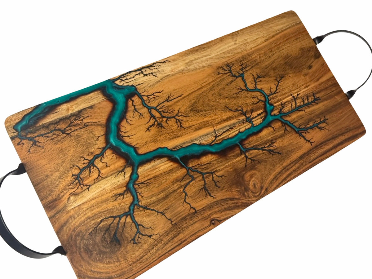 Artisan resin grazing board with marine green resin art and natural fractal burning detail through acacia timber, handmade serving board Australia, Fractal Flow Designs