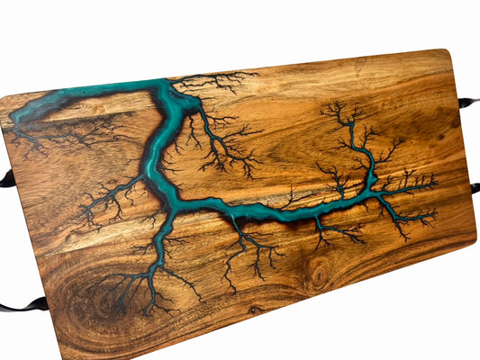 Acacia timber serving board featuring marine green resin river and organic fractal burning pattern, artisan resin boards Australia, Fractal Flow Designs