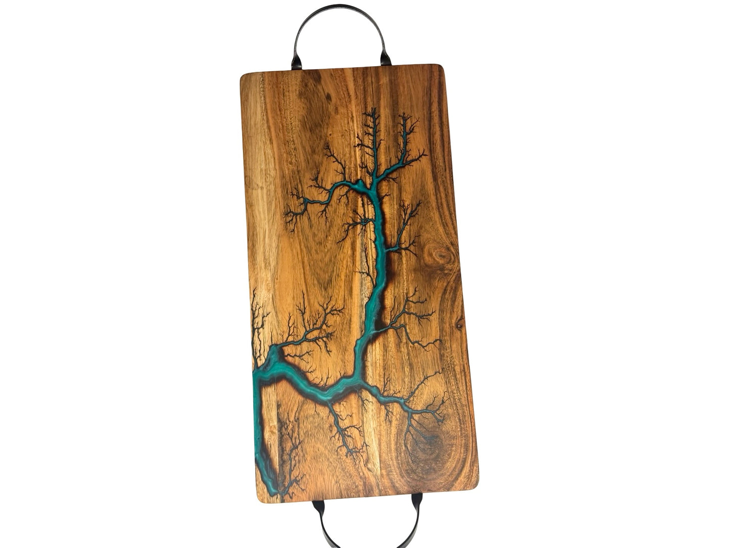 Australian handmade serving board with marine green resin inlay and lightning fractal burn artwork across acacia timber, artisan charcuterie board, Fractal Flow Designs
