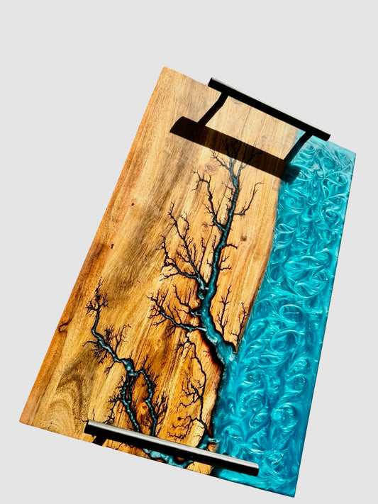 Premium sky blue resin grazing board with flowing river design and black handles on acacia timber, fractal lightning burn artwork, Fractal Flow Designs East Gippsland Australia