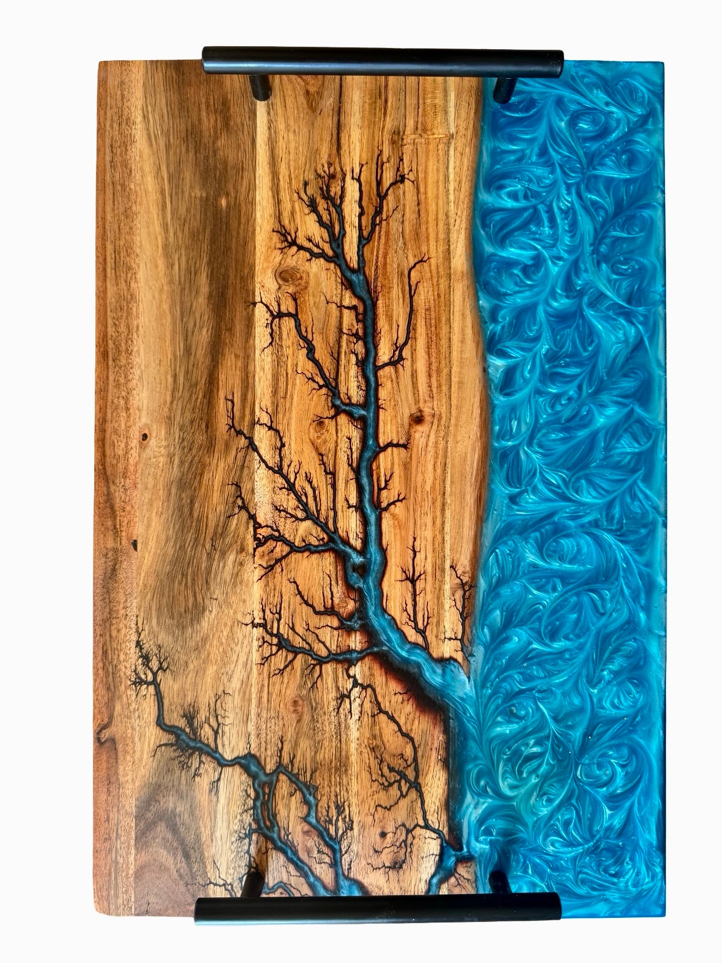 Sky blue resin river charcuterie board with black metal handles and fractal burning across acacia timber, handcrafted serving board Australia, Fractal Flow Designs handmade 