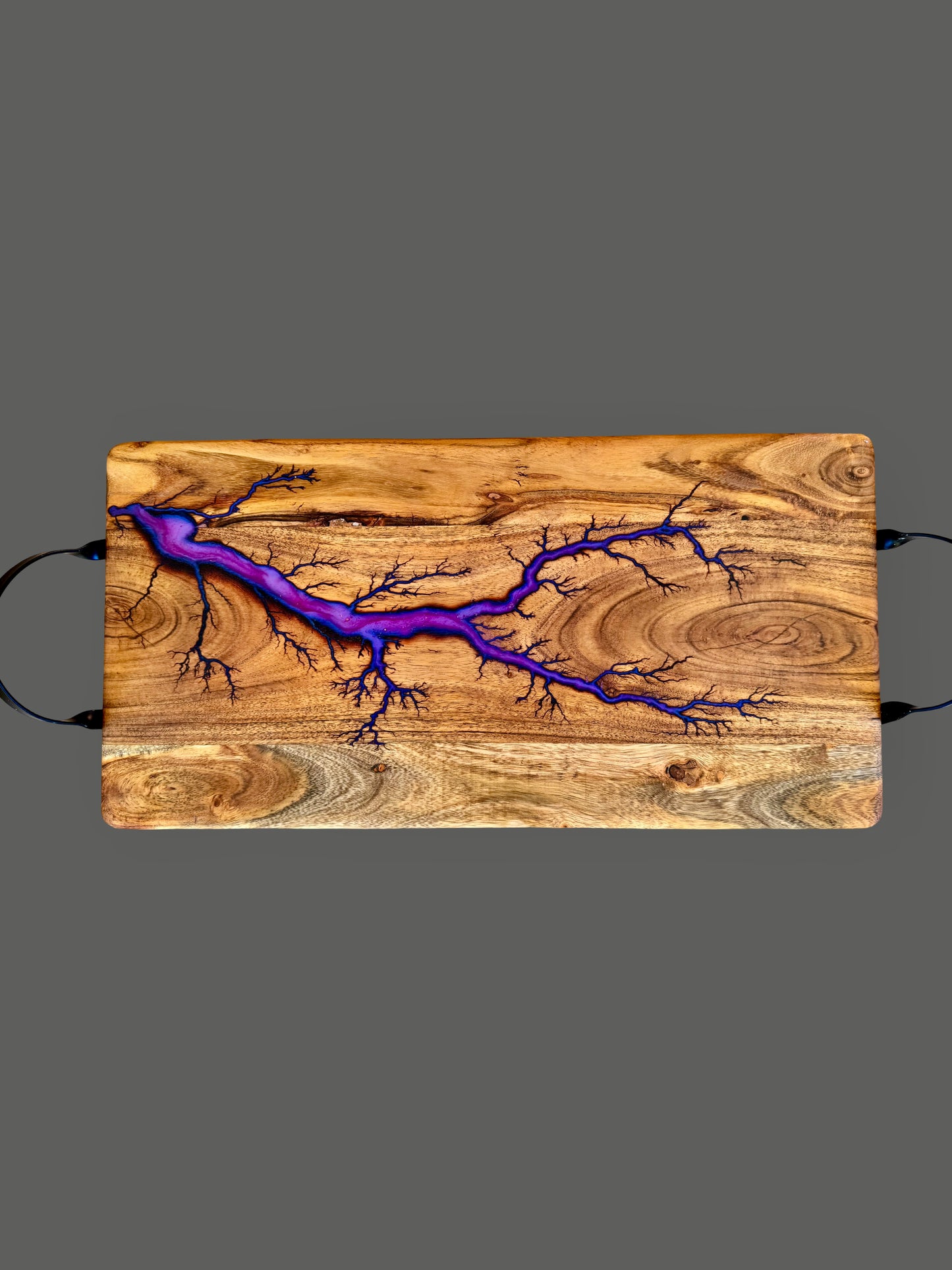 Purple resin serving board, handcrafted Australian timber board with black metal handles - made by an East Gippsland artisan craftsmanship