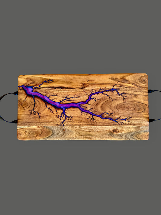 Purple resin serving board, handcrafted Australian timber board with black metal handles - made by an East Gippsland artisan craftsmanship