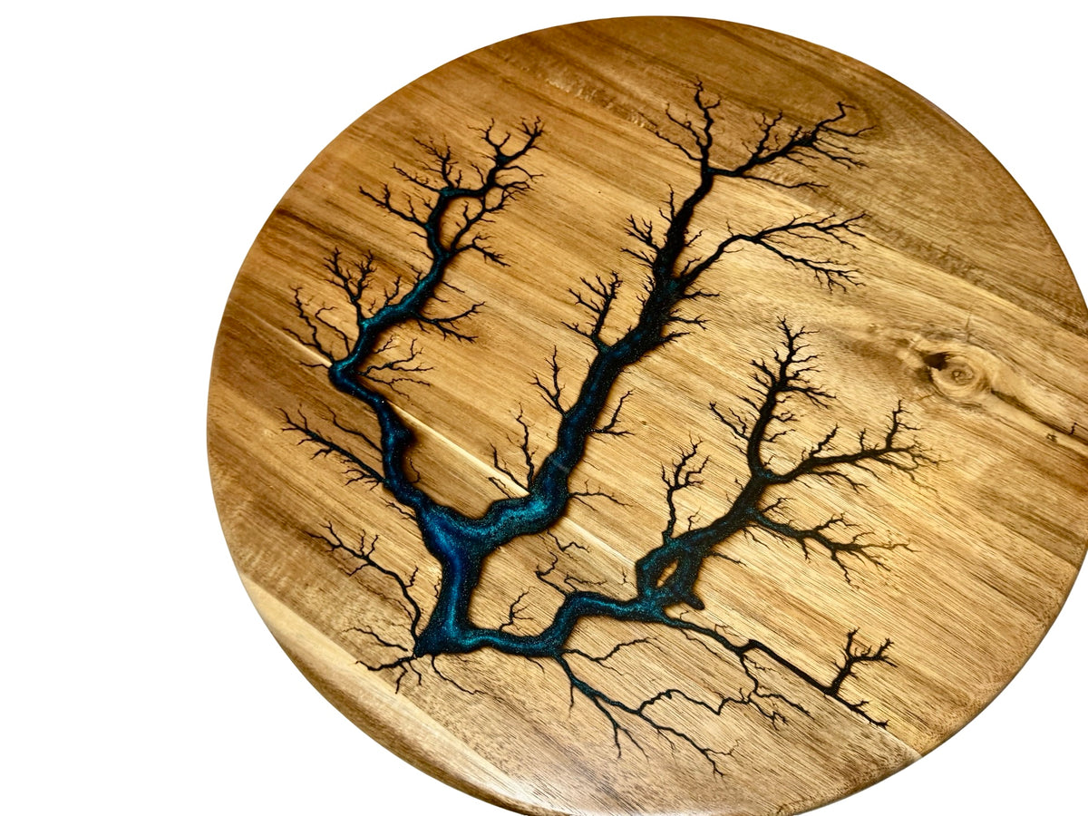 450mm lazy susan with metallic blue resin inlay after a fractal burning process by fractal flow designs