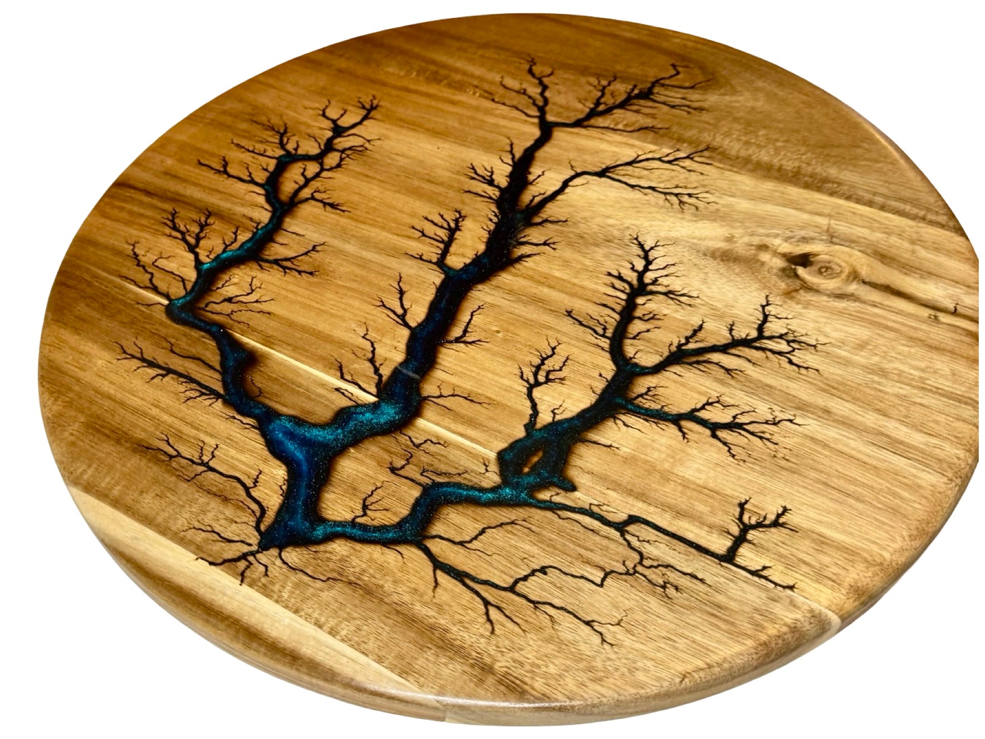 blue resin art work by fractal flow designs on a large acacia lazy susan