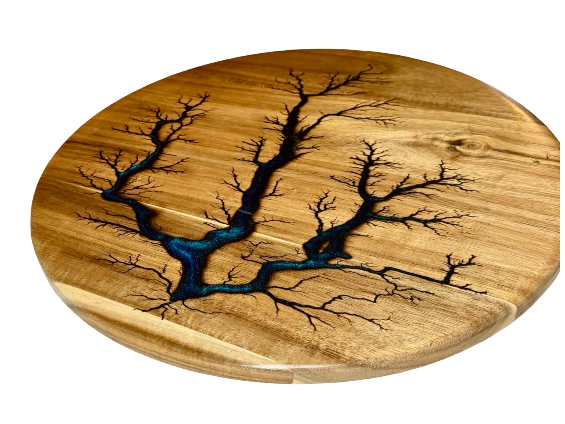 metallic blue resin art by fractal flow designs on a large lazy susan