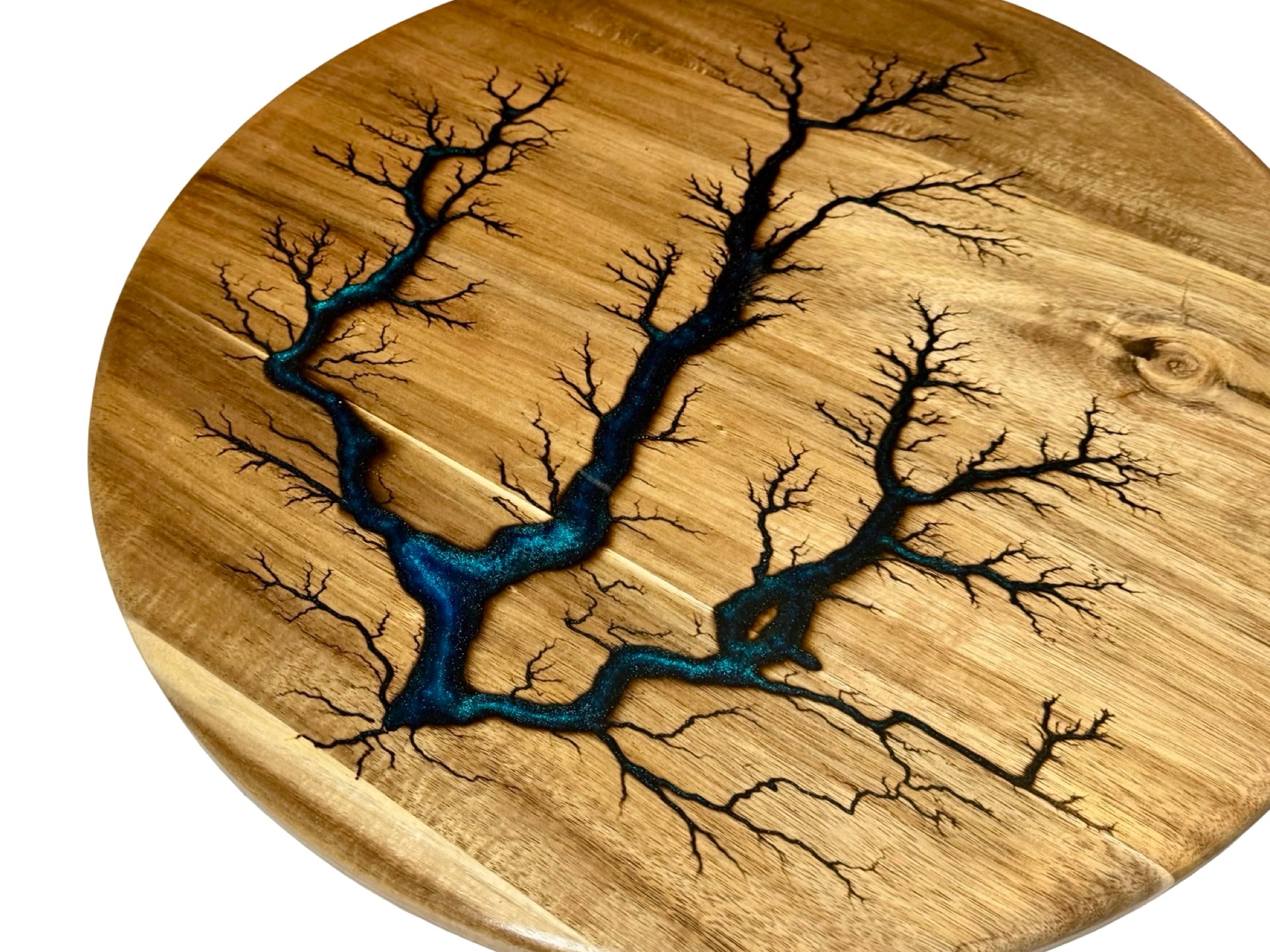 beautiful and unique lazy susan featuring metallic blue resin art made in australia