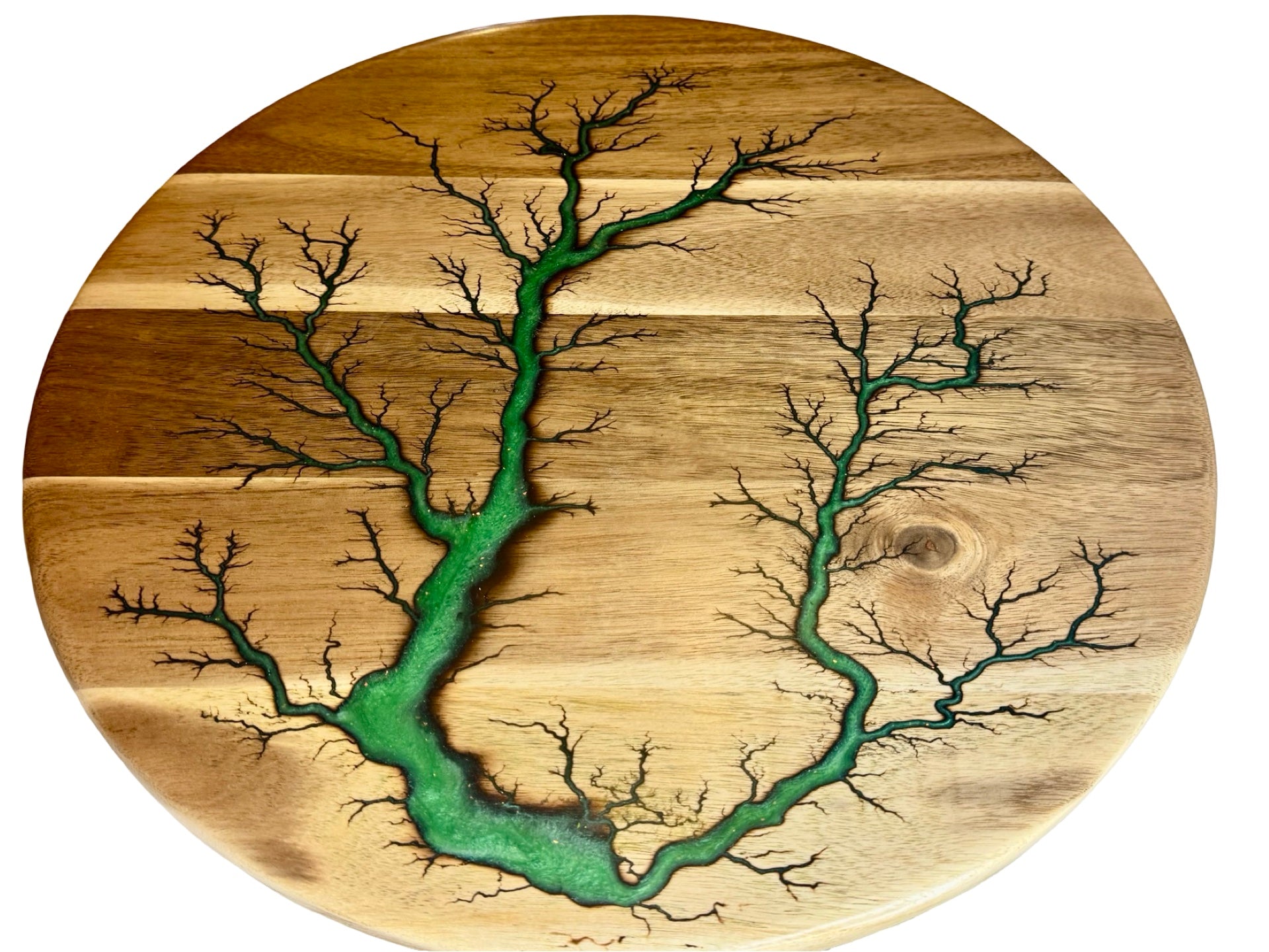 Electric Art lazy Susan featuring green resin on acacia timber 450mm diameter made by fractal flow designs Australian resin boards 
