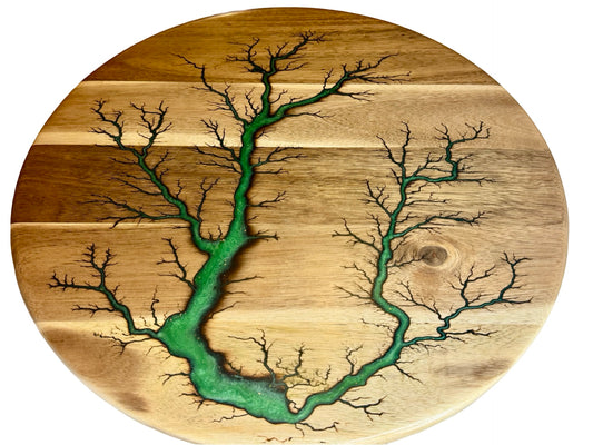 Electric Art lazy Susan featuring green resin on acacia timber 450mm diameter made by fractal flow designs Australian resin boards 