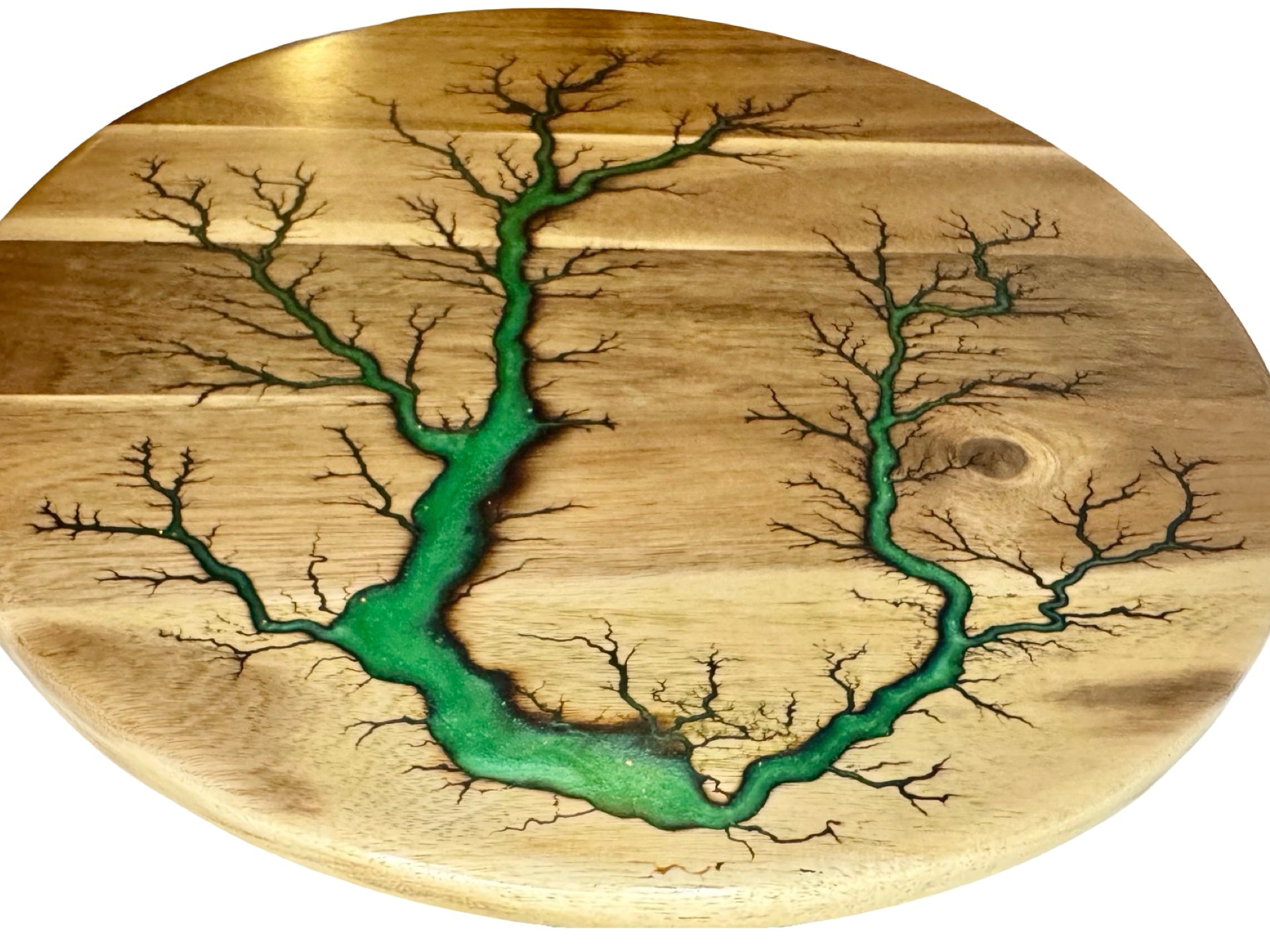 Top view of an acacia lazy Susan with green resin art by fractal flow designs in east Gippsland, Victoria , Australia