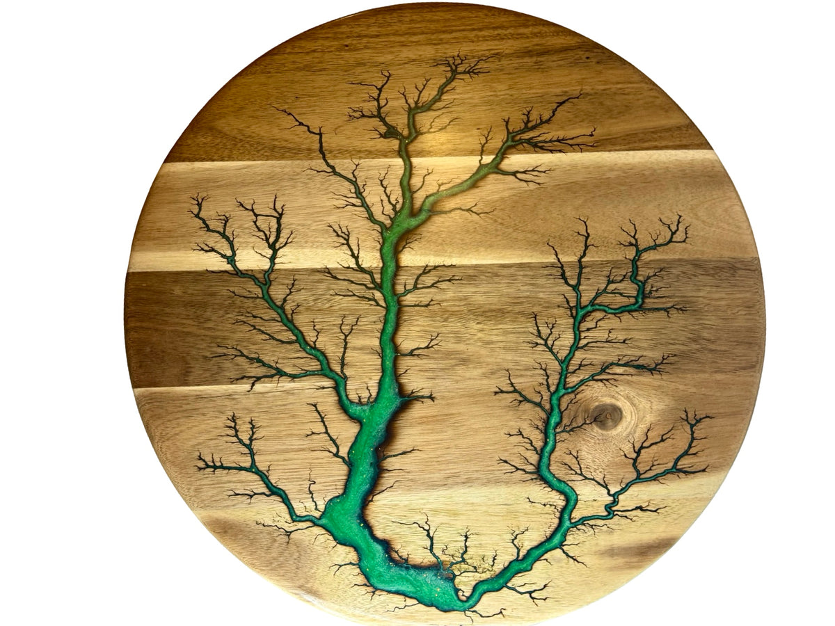 Above view of a large lazy Susan featuring fractal burning art by fractal flow designs local to east Gippsland , offering Australia wide shipping 