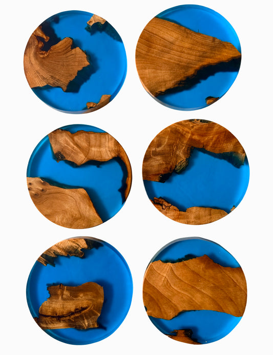 Blue resin and timber coaster set with handcrafted fractal burning, Australian hardwood, East Gippsland
