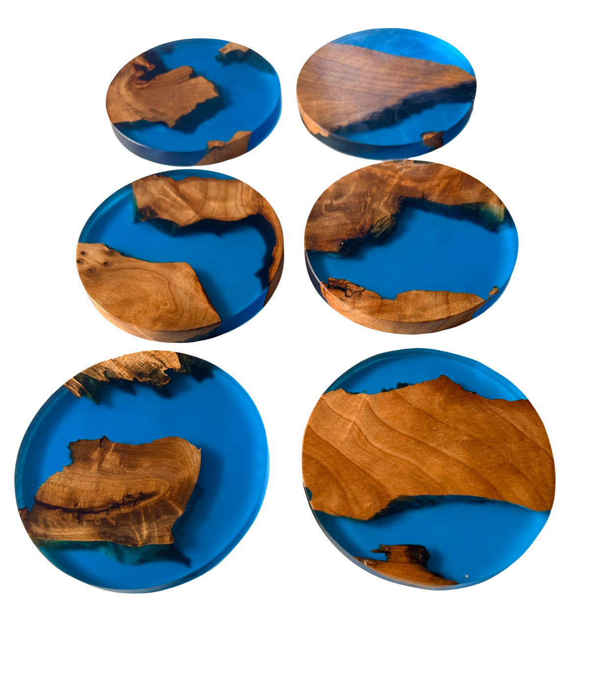 Handmade blue resin timber coaster set featuring unique fractal wood art, Australian made