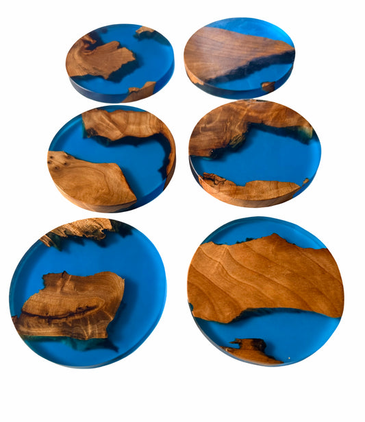 Handmade blue resin timber coaster set featuring unique fractal wood art, Australian made