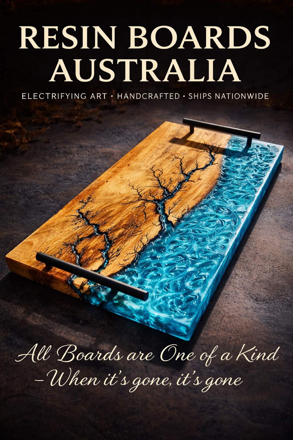 Premium sapphire sky blue resin river board with lightning fractal burning across acacia timber, handcrafted Australian resin serving board hero image, Fractal Flow Designs East Gippsland Australia