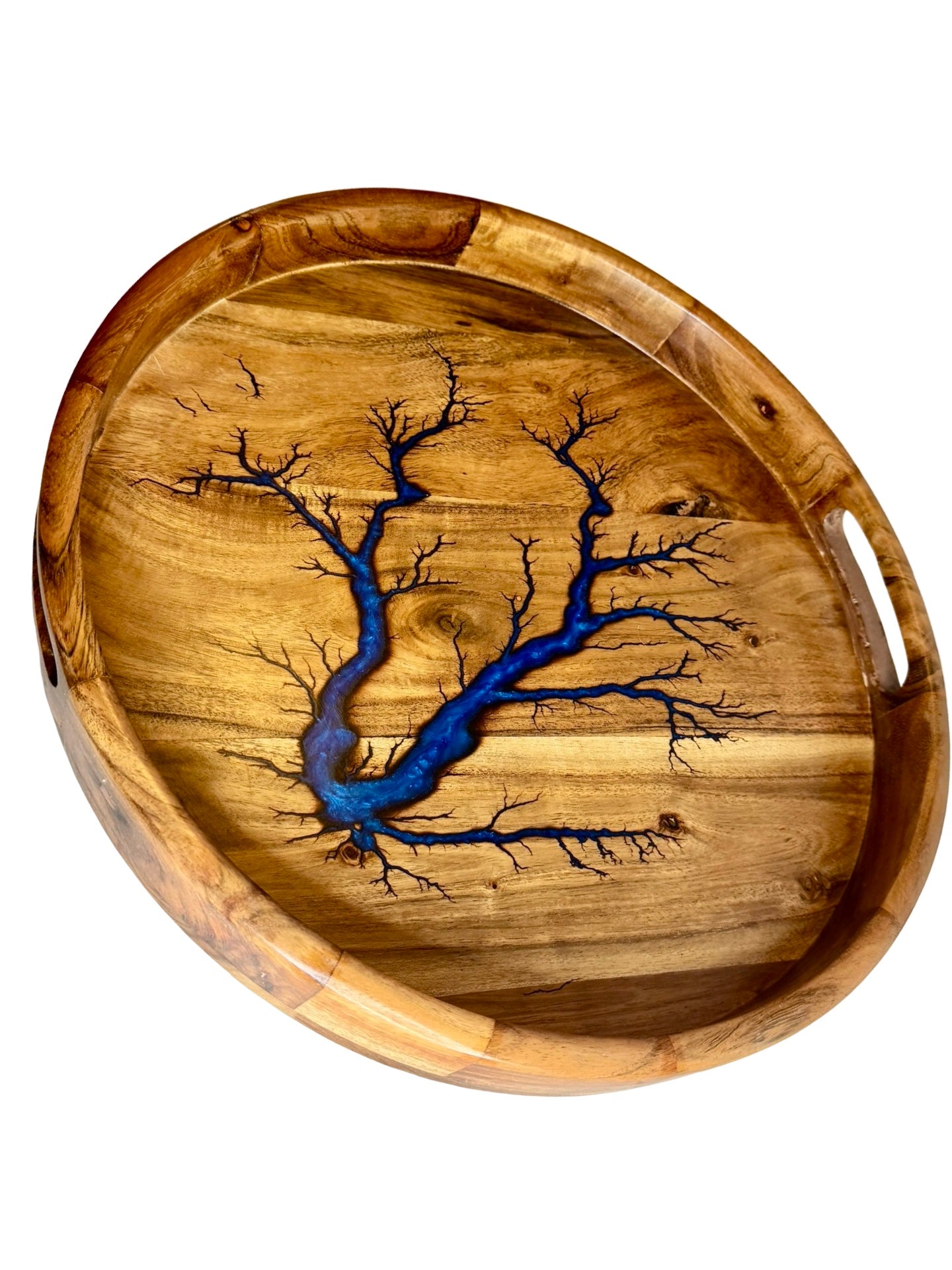 round serving tray with sapphire blue resin art work inlayed after fractal burning made in australia with nation wide shipping
