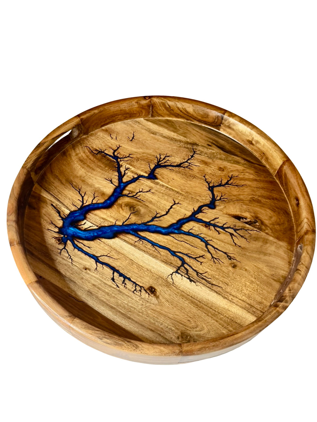 made in victoria by fractal flow designs is this round serving tray with sapphire blue resin fractal burning art , 450mm diameter