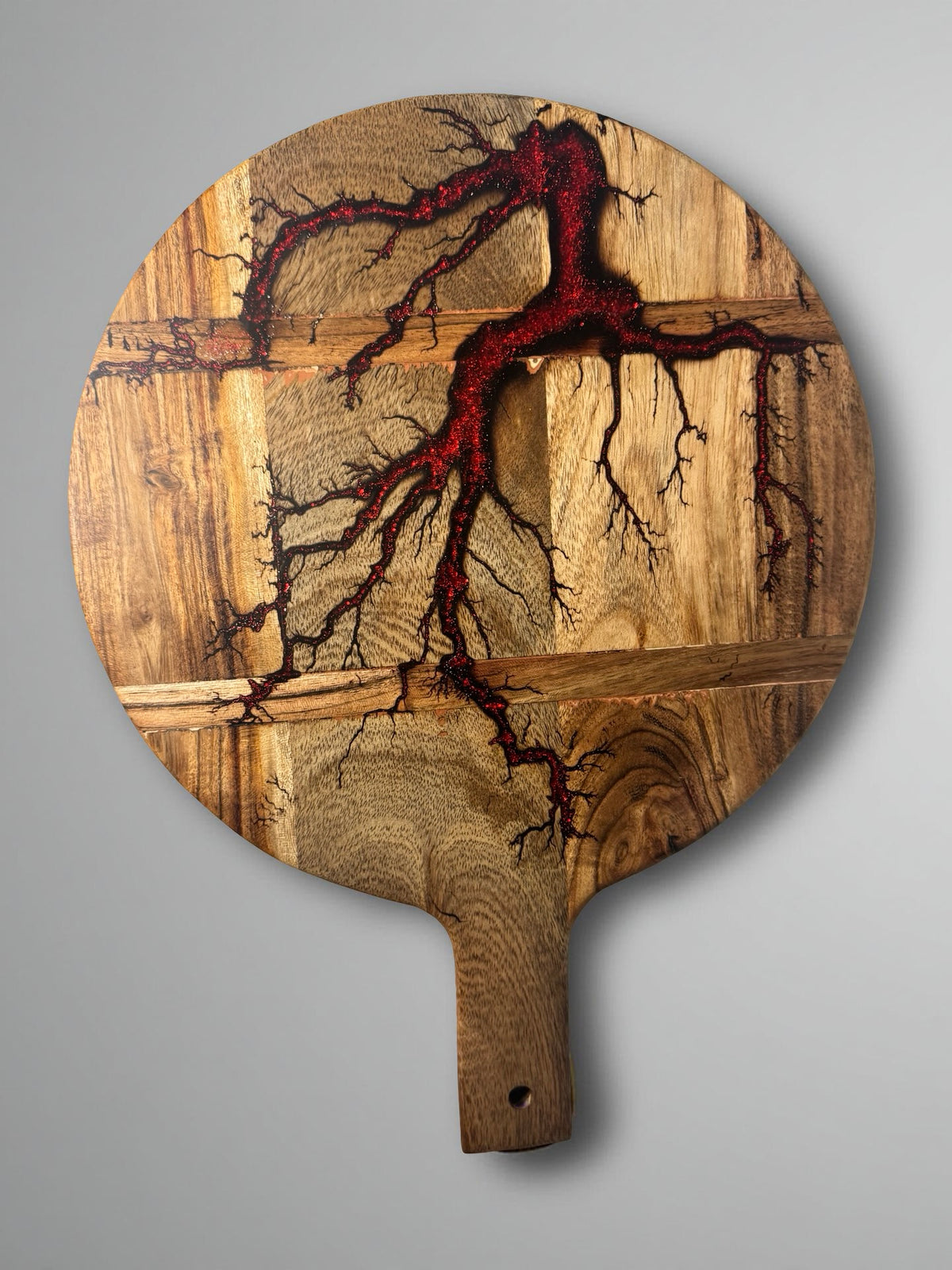 Red flash resin charcuterie cheese board with fractal burning artwork across acacia timber, artisan resin board East Gippsland Australia, Fractal Flow Designs