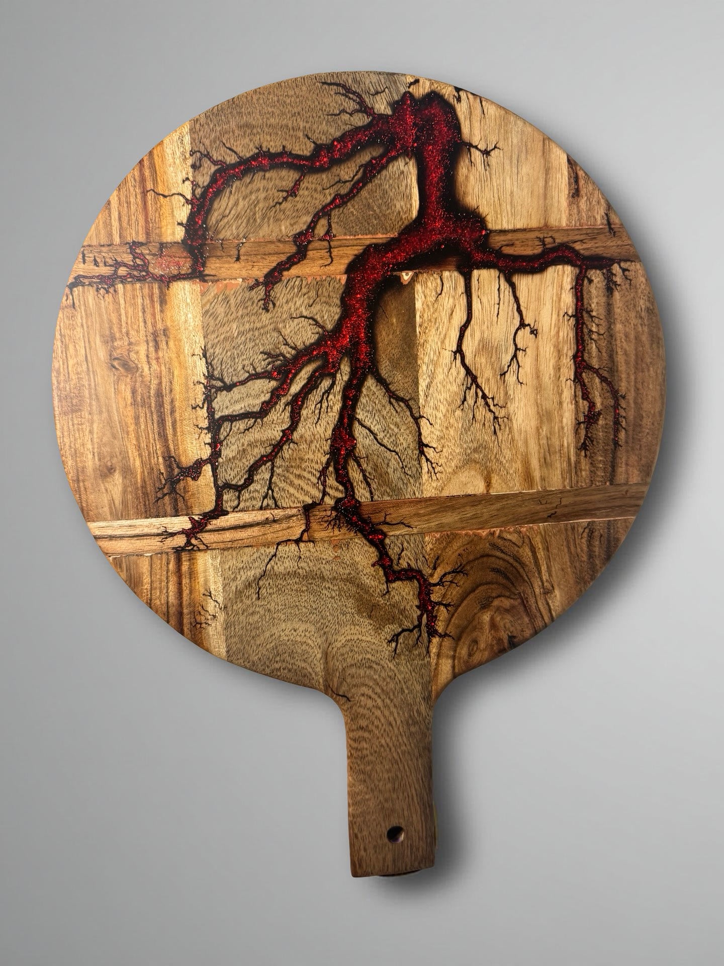 Red flash resin charcuterie cheese board with fractal burning artwork across acacia timber, artisan resin board East Gippsland Australia, Fractal Flow Designs