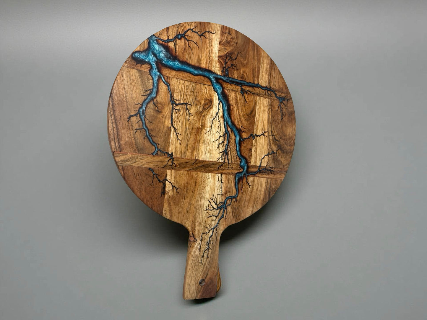 Acacia timber cheese board with sky blue resin inlay and fractal burn lightning artwork, handmade Australian resin board East Gippsland, Fractal Flow Designs