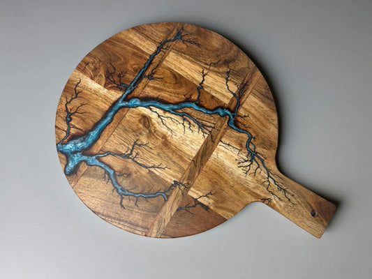 Sky blue resin cheese board with fractal burning lightning pattern on acacia timber, handcrafted serving board East Gippsland Australia, Fractal Flow Designs
