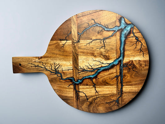 Premium resin cheese board with sky blue resin inlay through acacia timber after fractal burning process, handcrafted board Australia, Fractal Flow Designs
