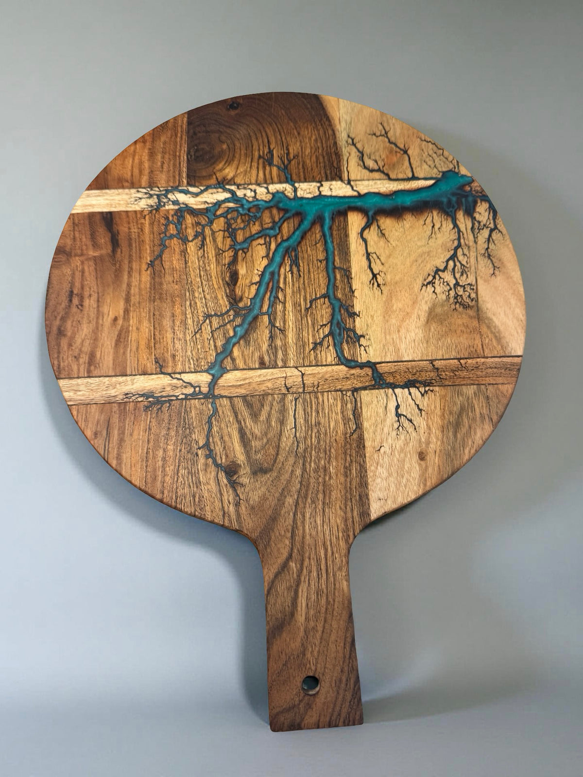Teal resin charcuterie board handcrafted from acacia timber with fractal burning lightning pattern, premium resin boards Australia, Fractal Flow Designs