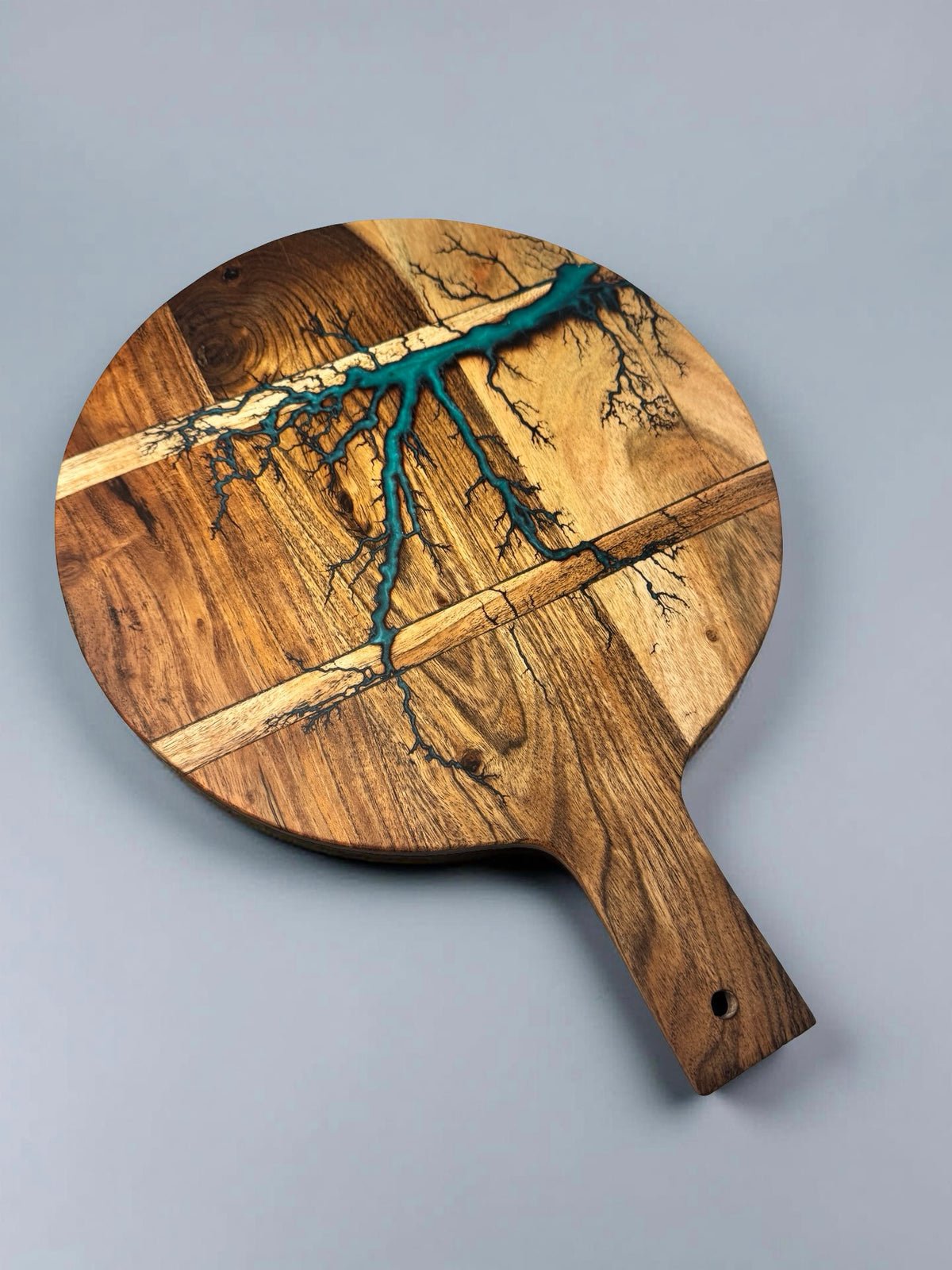 Fractal burning artwork flowing through acacia timber with teal resin inlay, handmade cheese serving board East Gippsland Australia, Fractal Flow Designs