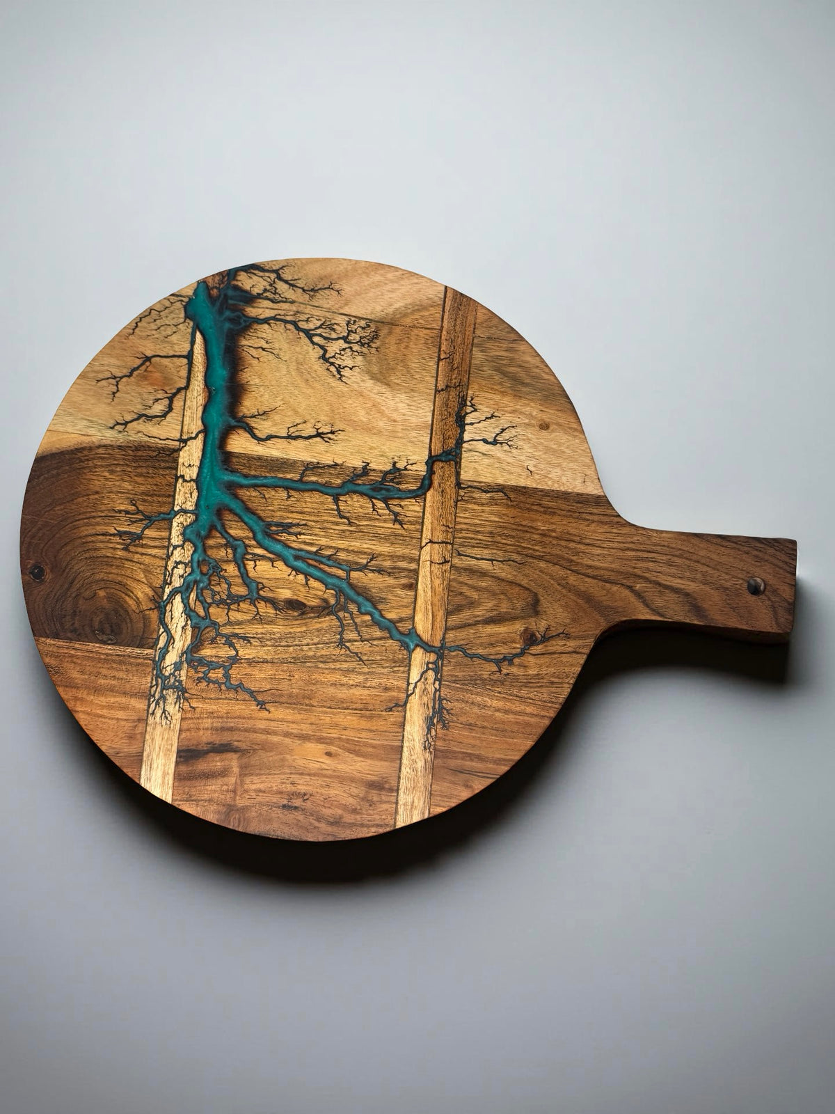 Acacia timber serving cheese board with teal resin inlay and fractal lightning burn design, artisan resin board Australia, Fractal Flow Designs