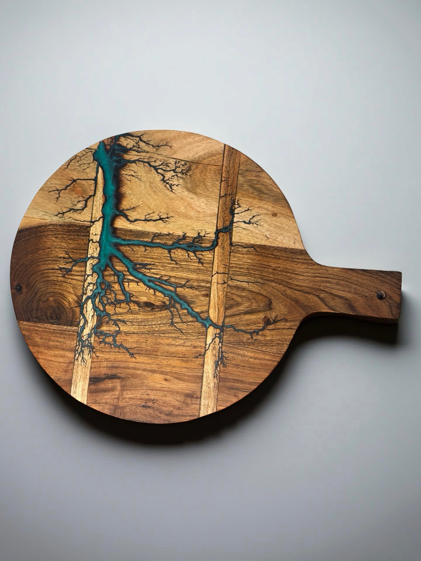 Acacia timber serving cheese board with teal resin inlay and fractal lightning burn design, artisan resin board Australia, Fractal Flow Designs