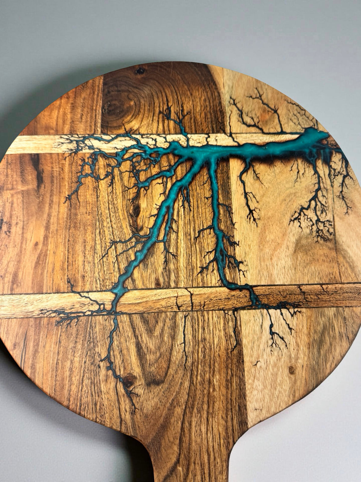 Premium teal resin grazing cheese board with fractal burn lightning pattern across acacia timber, handcrafted in East Gippsland Australia, Fractal Flow Designs