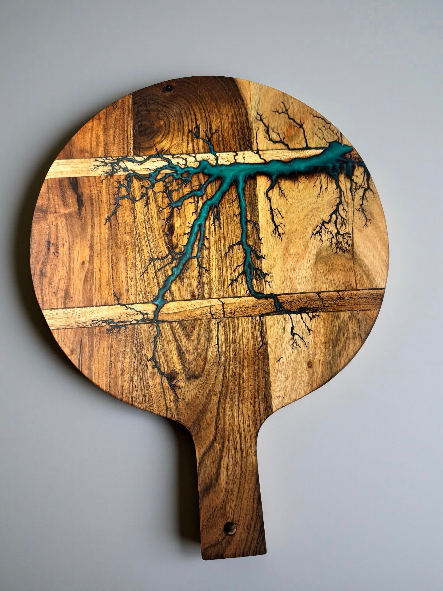 Teal resin cheese board with lightning fractal burn pattern through acacia timber, handcrafted resin serving board East Gippsland Australia, Fractal Flow Designs
