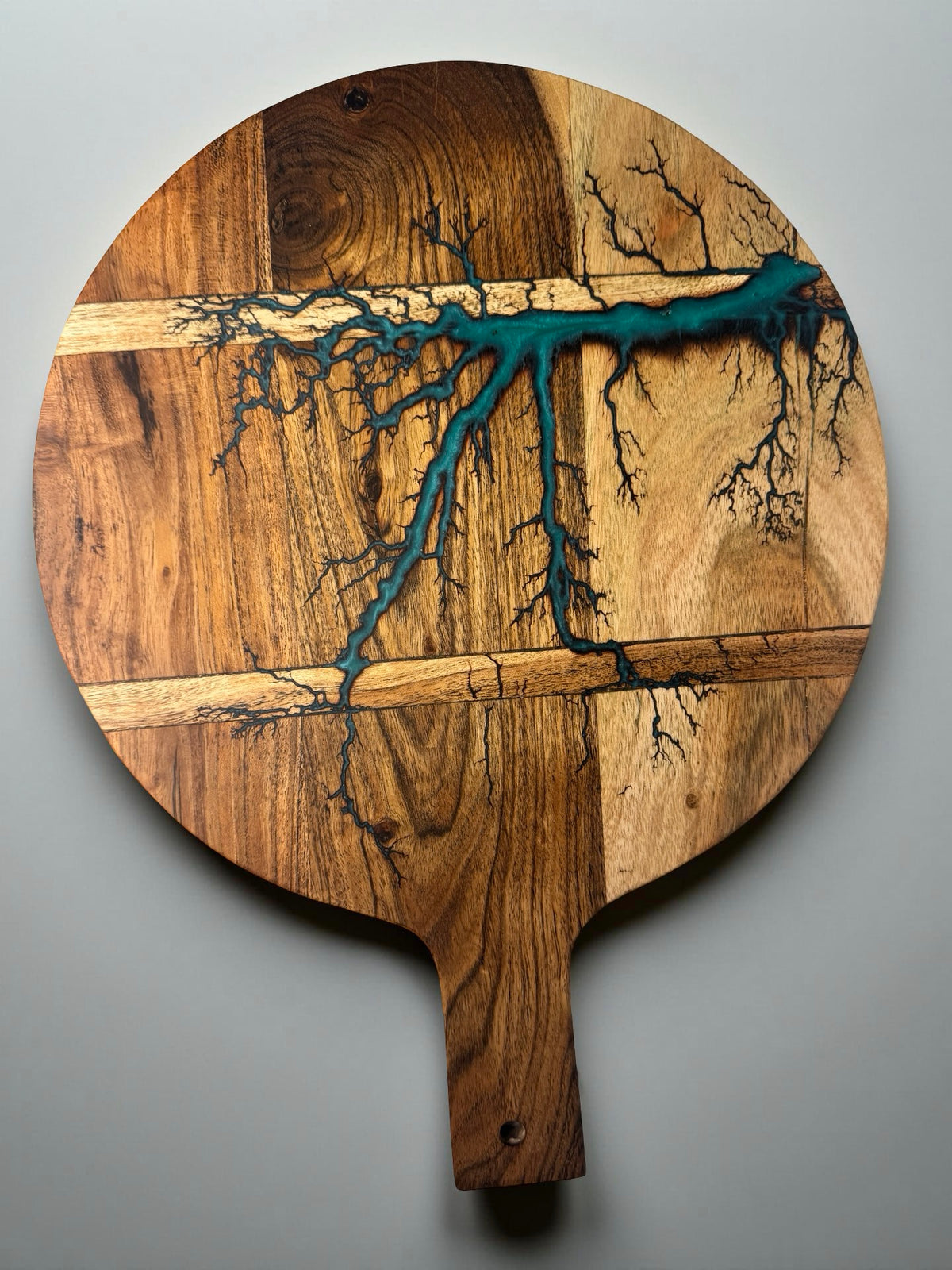Australian resin cheese board with teal resin river and lightning fractal burn design on acacia timber, artisan board East Gippsland, Fractal Flow Designs